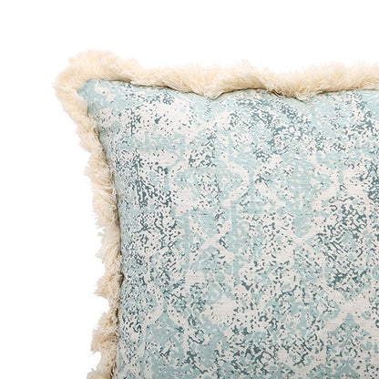 Vintage Blue Pillow Cover showing a close up of the fluffy, creamy white fringe.