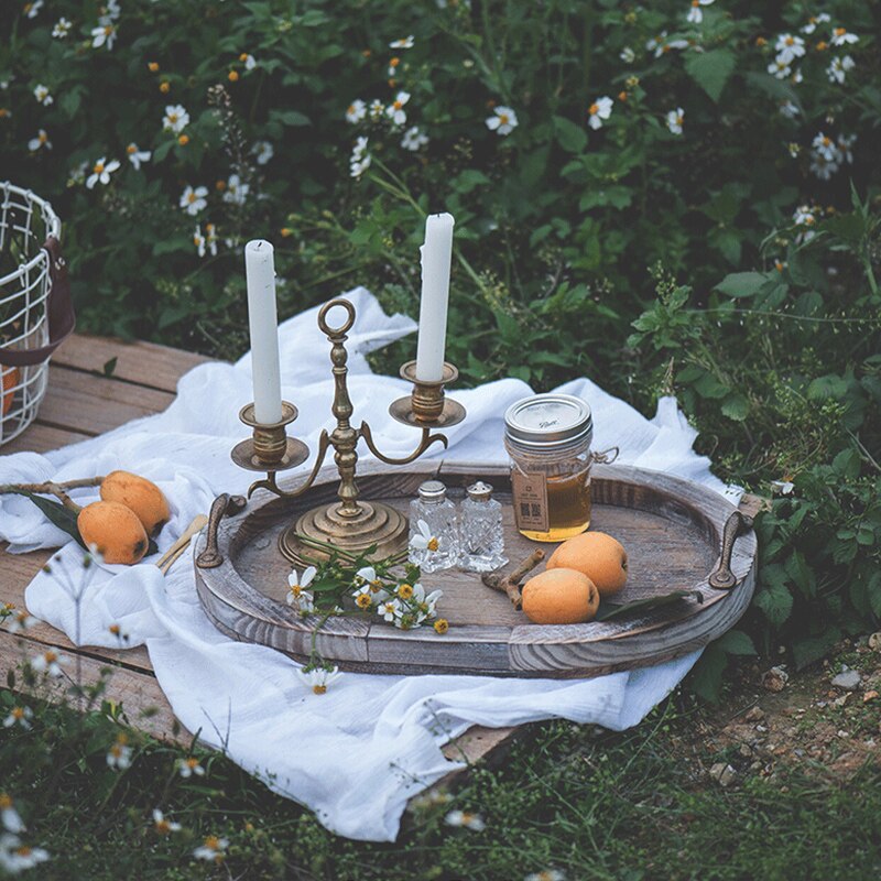 Rustic Oval Wood Tray styled for a photo shoot .  This tray has so many uses!  