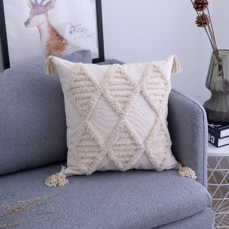 Bohemian Cottage Pillow Cover. Neutral creamy tones and geometric design.