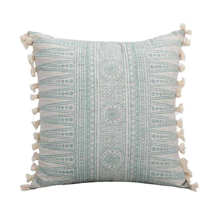 Vintage Blue Pillow cover 18"X18" with mini tassels adorning the 2 long sides of the cover.