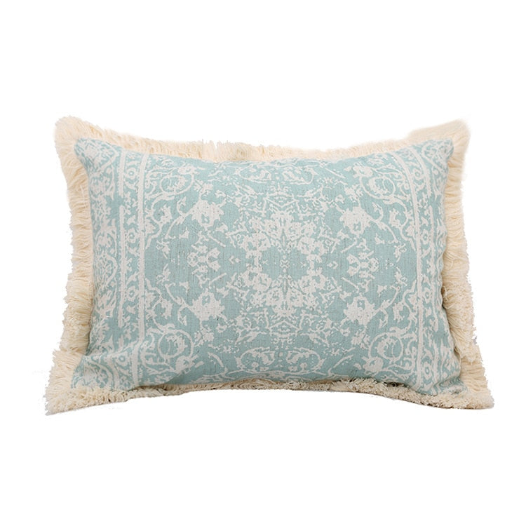 Vintage Blue Pillow Cover 12"X20".  French Country, toile like pattern with fluffy, creamy white fringe.