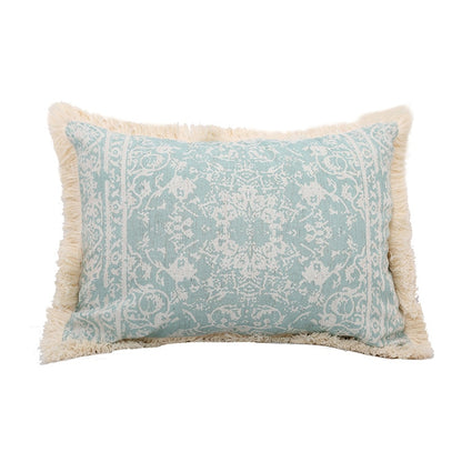 Vintage Blue Pillow Cover 12"X20".  French Country, toile like pattern with fluffy, creamy white fringe.