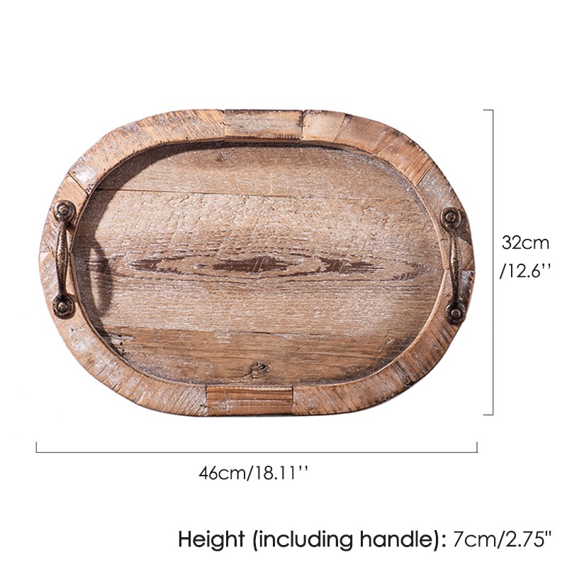 Rustic Oval Wood Tray displayed with the dimensions of 18.11" long and 12.6" wide.  Height including the handles is 2.75".