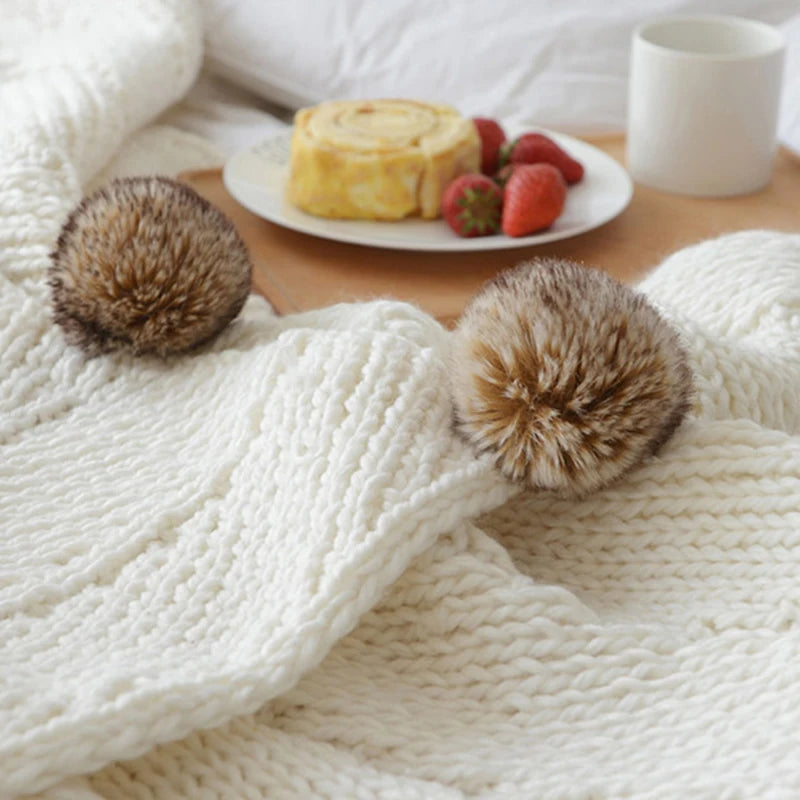 Chenille & Faux Fur Pompoms Throw