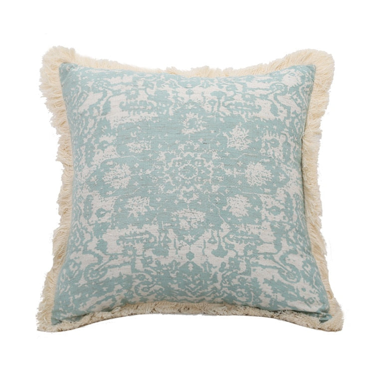 Vintage Blue Pillow Cover, 18"X18".  Retro, toile like pattern with fluffy, creamy white fringe.