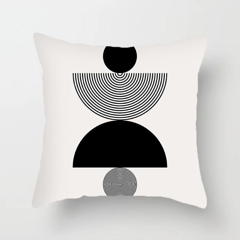 Modern Minimalist Geometric Pillow Cover. Available in 4 sizes. White background, orange and black geometric designs printed on one side.