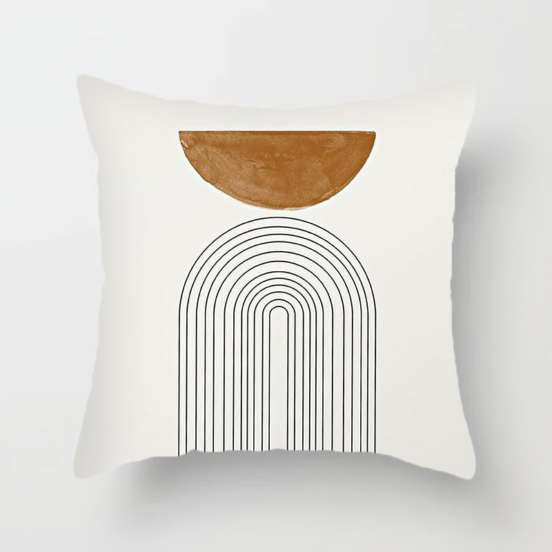 Modern Minimalist Geometric Pillow Cover. Available in 4 sizes. White background, orange and black geometric designs printed on one side.