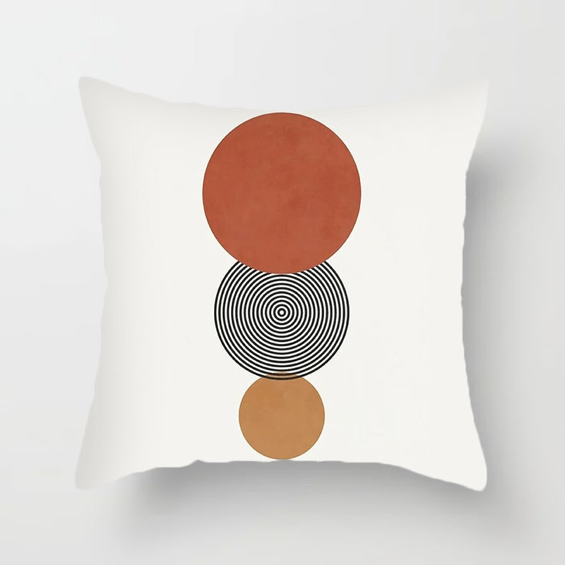 Modern Minimalist Geometric Pillow Cover. Available in 4 sizes. White background, orange and black geometric designs printed on one side.