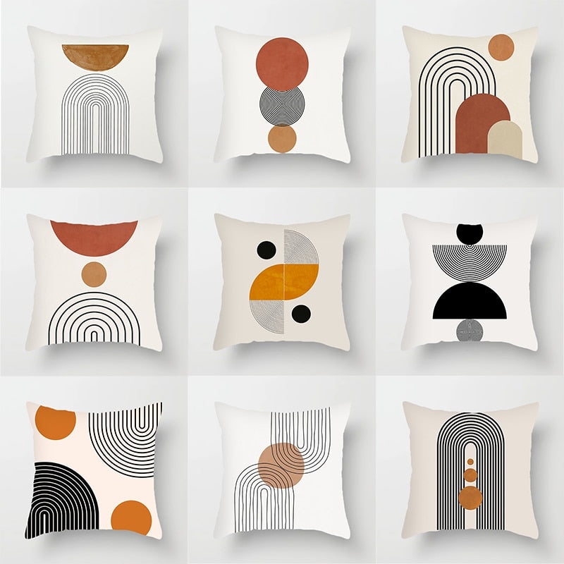 Modern Minimalist Geometric Pillow Cover. Available in 4 sizes. White background, orange and black geometric designs printed on one side.