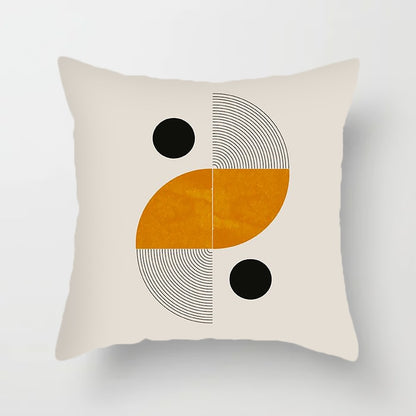 Modern Minimalist Geometric Pillow Cover. Available in 4 sizes. White background, orange and black geometric designs printed on one side.