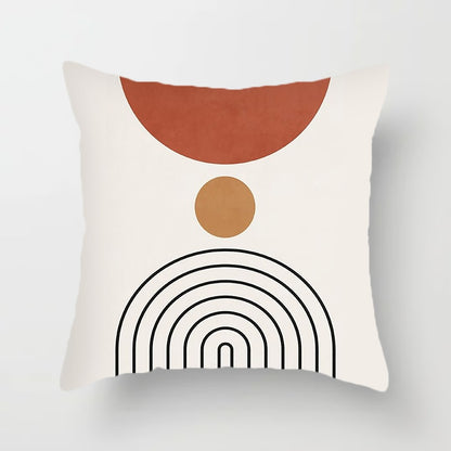 Modern Minimalist Geometric Pillow Cover. Available in 4 sizes. White background, orange and black geometric designs printed on one side.