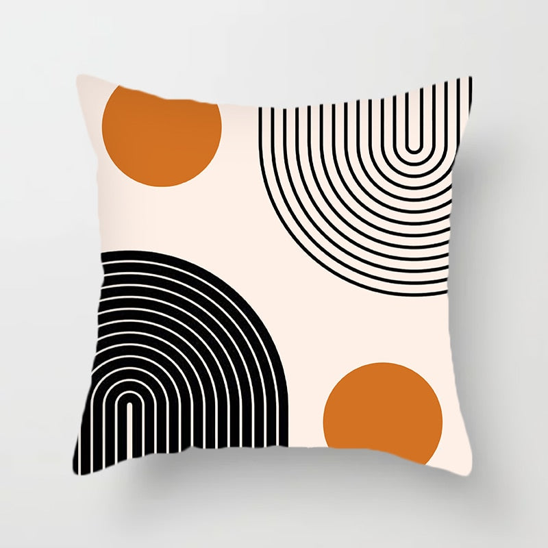 Modern Minimalist Geometric Pillow Cover. Available in 4 sizes. White background, orange and black geometric designs printed on one side.