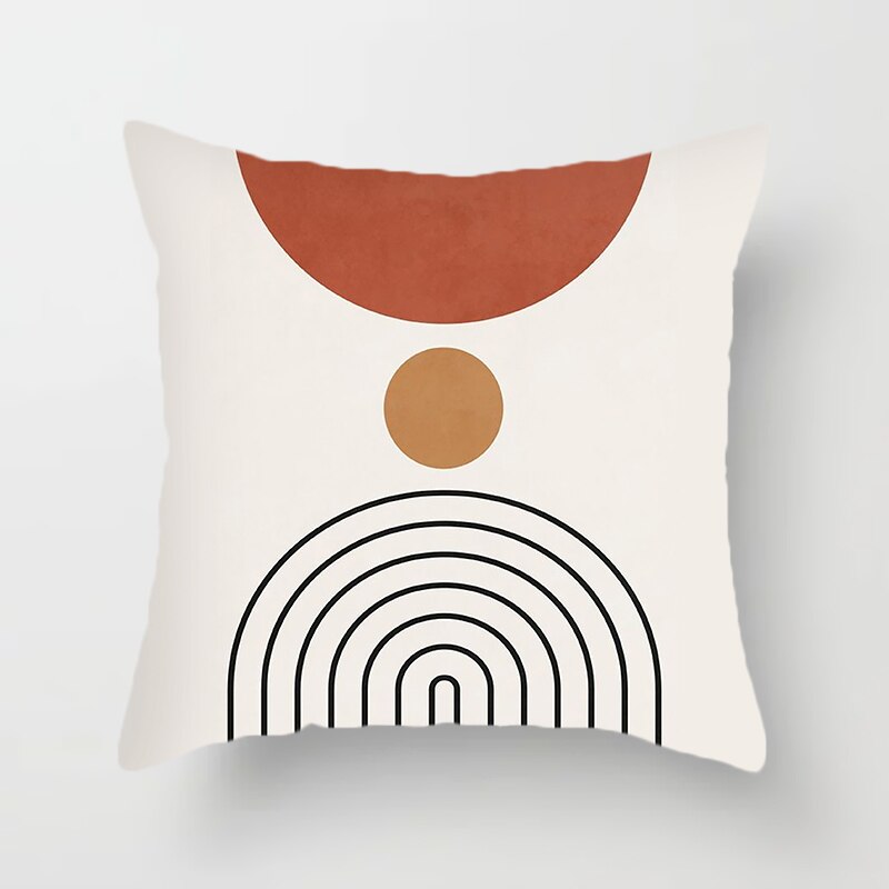 Modern Minimalist Geometric Pillow Cover. Available in 4 sizes. White background, orange and black geometric designs printed on one side.