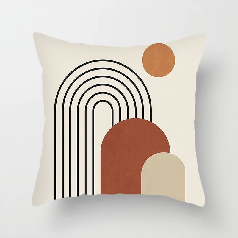 Modern Minimalist Geometric Pillow Cover. Available in 4 sizes. White background, orange and black geometric designs printed on one side.