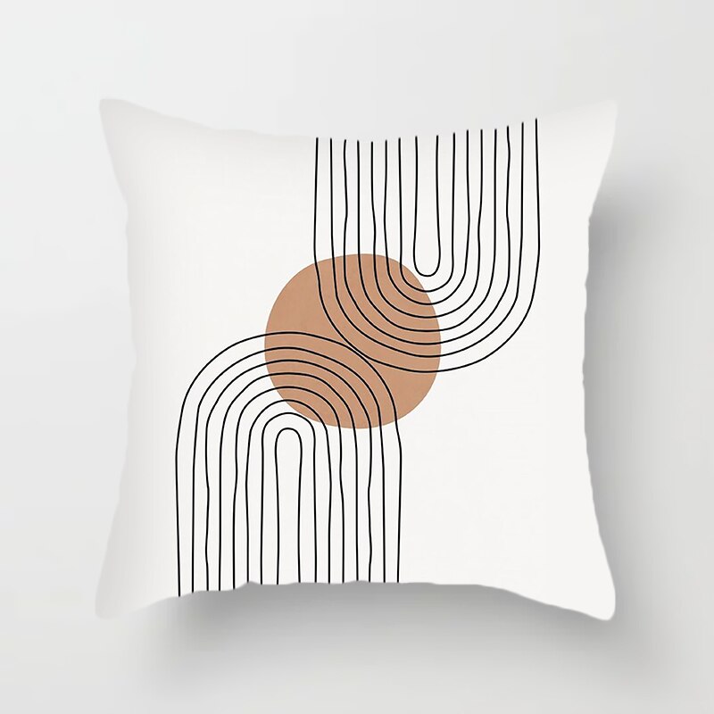 Modern Minimalist Geometric Pillow Cover. Available in 4 sizes. White background, orange and black geometric designs printed on one side.