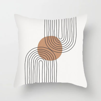 Modern Minimalist Geometric Pillow Cover. Available in 4 sizes. White background, orange and black geometric designs printed on one side.