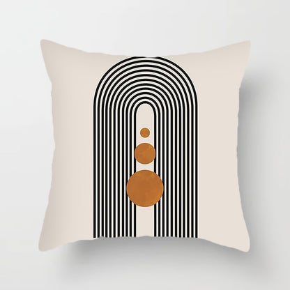 Modern Minimalist Geometric Pillow Cover. Available in 4 sizes. White background, orange and black geometric designs printed on one side.