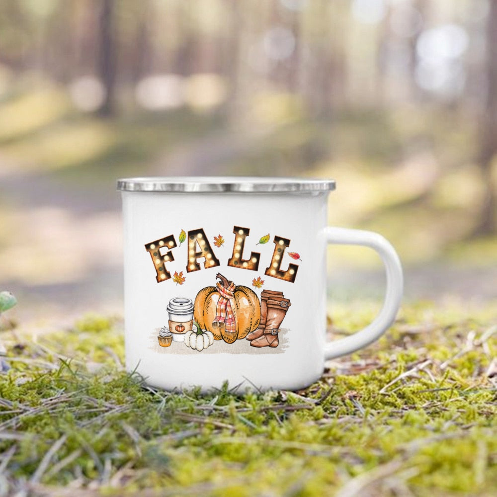 Rustic enamel coffee cup with word coffee on it and decorative