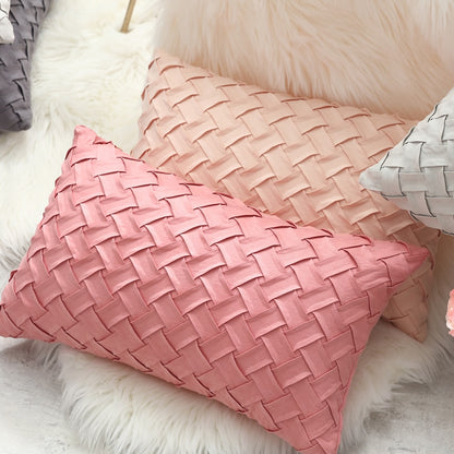 The Basket Weave design of this pillow cover is exquisite and chic, while adding a bit of vintage charm with it's eye-catching weave pattern. Available in 6 colors: cherry pink, dusty pink, pink, light green, light grey, and grey. Picture shows several lumbar pillows  which are 12"X20".