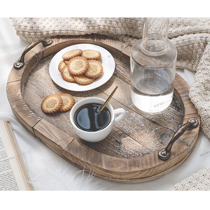 Rustic Oval Wood Tray complete with hammered copper handles.  Pictured here as a serving tray complete with coffee and cookies