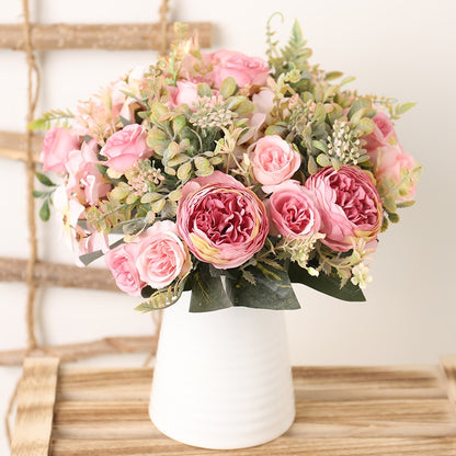 Handmade artificial silk peonies and roses bouquets.   2 bouquets fill this Farmhouse pitcher with light and medium pink blooms with greenery.