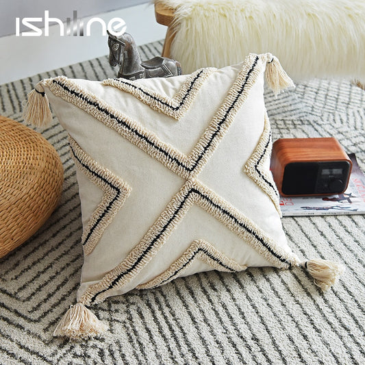 Bohemian Cottage Pillow Cover. Neutral creamy tones and geometric design. 