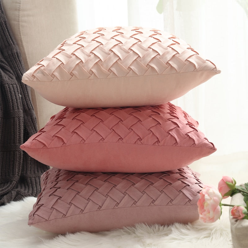 The Basket Weave design of this pillow cover is exquisite and chic, while adding a bit of vintage charm with it's eye-catching weave pattern. Available in 6 colors: cherry pink, dusty pink, pink, light green, light grey, and grey. 2 sizes: 12"X20" lumbar pillow cover and 18"X18" square pillow cover.  Picture shows Cherry Pink, Pink, and dusty pink colors.