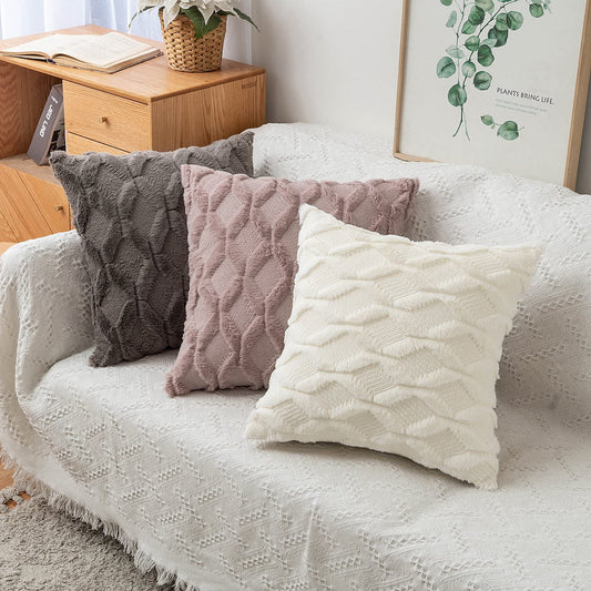 Solid color tufted chenille in diamond pattern on front of pillow cover.   Ultra soft.  4 sizes 12"X20"; 16"X16"; 18"X18"; 20'X20". Colors available are white, cream, light pink, dusty pink, light grey, dark grey, midnight, teal, light blue, pink, and mustard yellow.