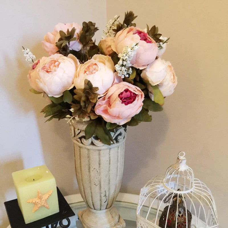 1 bunch of soft blush pink  European Silk peonies in vase and used as side table decor.