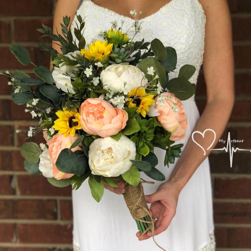 1 bunch of soft peach and cream white European Silk Peonies as shown in a wedding bouqet.