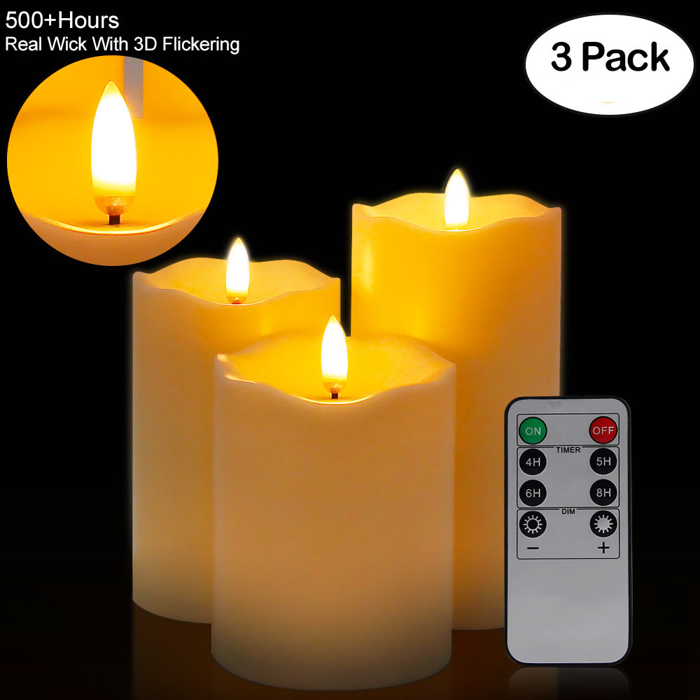 3 piece LED Flameless Pillar Candles with remote control.  Candles have scalloped edging and real wick flickering flame.  Batteries not included.