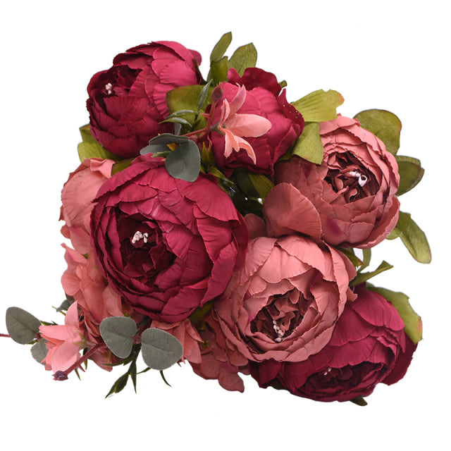 I bunch of soft burgundy and dark burgundy European Silk Peonies.