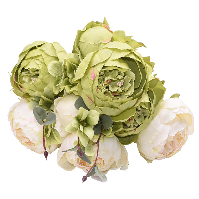 1 bunch of soft, muted green and cream white European Silk Peonies.