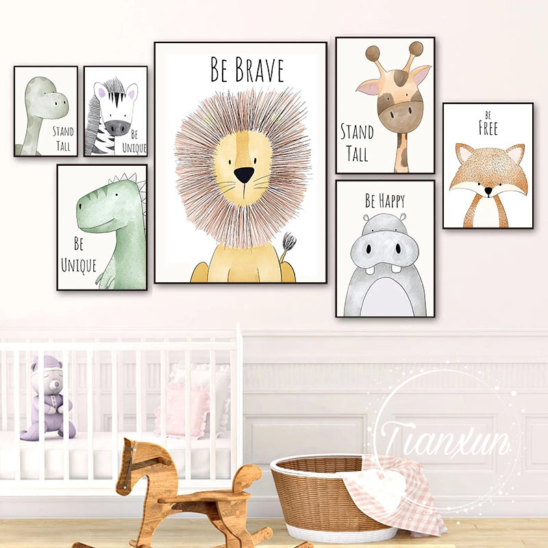 Animal Inspirations Canvas Wall Art.  Gallery wall depicting lion, dinosaur, giraffe, fox, in assorted size prints on white background.   No Frames included.