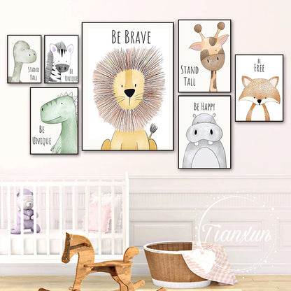 Animal Inspirations Canvas Wall Art.  Gallery wall depicting lion, dinosaur, giraffe, fox, in assorted size prints on white background.   No Frames included.