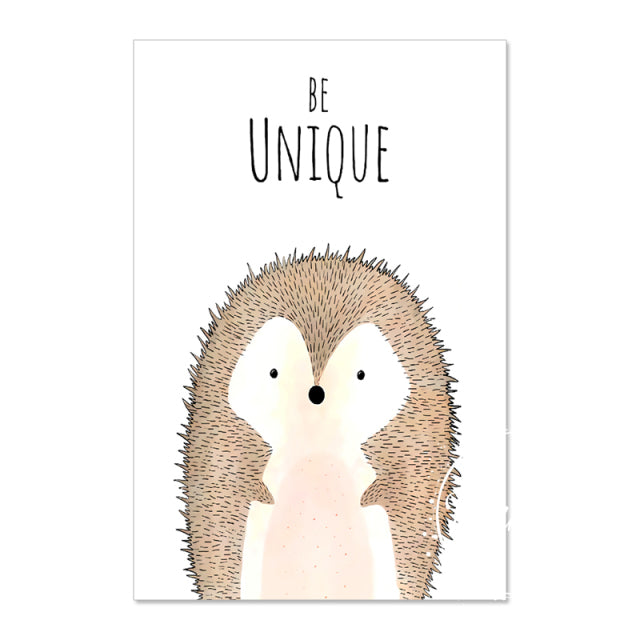 Animal Inspirations Canvas Wall Art of baby hedgehog on background. The affirmation is "Be Unique".. Variety of sizes available.  No Frame included.  