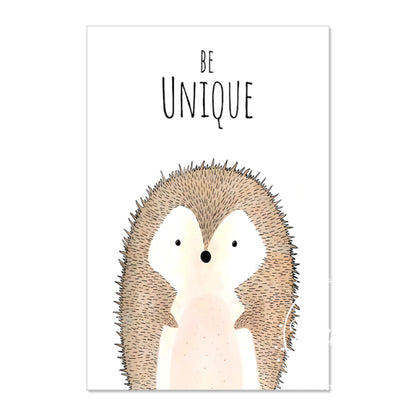 Animal Inspirations Canvas Wall Art of baby hedgehog on background. The affirmation is "Be Unique".. Variety of sizes available.  No Frame included.  