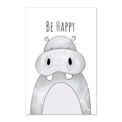 Animal Inspirations Canvas Wall Art depicting a baby hippo with the inspirational quote,  "Be Happy".  Comes in a variety of sizes.  No Frame included.