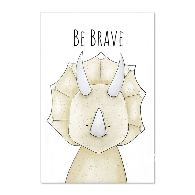 Animal Inspirations  Canvas Wall Art.  Little baby triceratops on white background.  Inspirational quote is,  "Be Brave".  Assorted sizes, NO frame included.