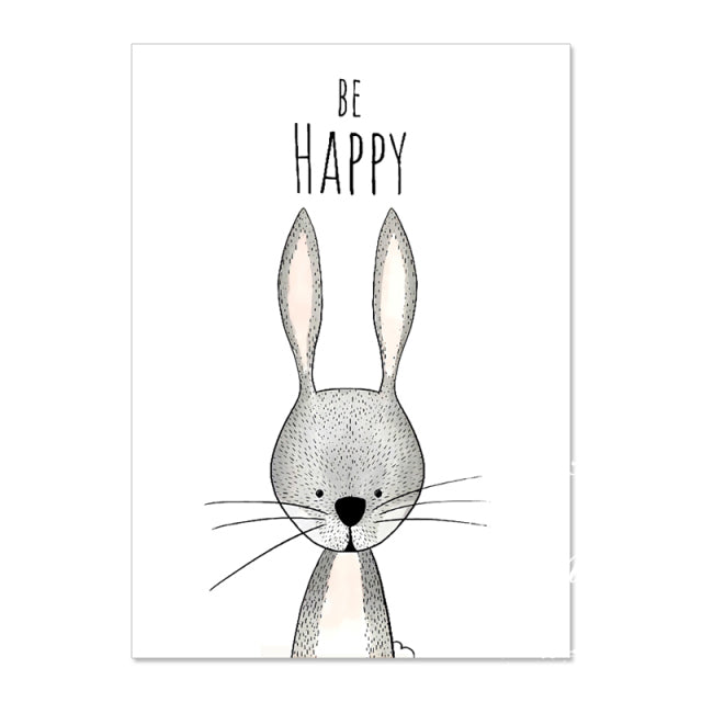 Animal Inspirations Canvas Wall Art.  Whimsical little bunny on white background.  Affirmation is "Be Happy".  Assorted sizes, NO frame included.        