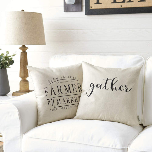 Autumn Farmhouse Pillow Covers.  2 styles shown are Farmers Market and Gather.  Natural, warm white linen look fabric with black lettering.