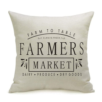 Autumn Farmhouse Pillow Covers.  Natural linen look fabric.  Classic Farmhouse typography with the slogan "Farmers Market"  