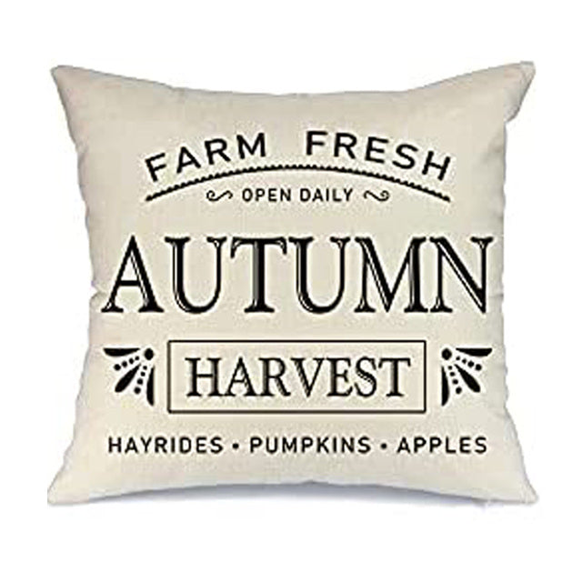 Autumn Farmhouse Pillow Covers.  Natural texture of linen look fabric depicting country charm.  Text is in typical black farmhouse font on a warm white background.  "Autumn Harvest".