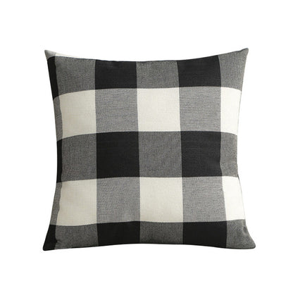 Autumn Farmhouse Pillow Cover.  Natural texture of linen look fabric depicting country charm.  Buffalo plaid in black, light grey, and warm white.