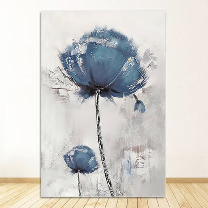 Large darker blue flower, similar to a coneflower, on a gray distressed background.  Silver hints of color add to the dimension of this canvas wall art.