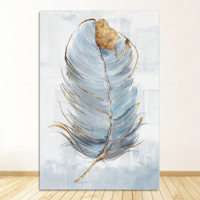 Large feather with muted blues and grays.  Hints of gold added for texture on a background of grayish blue.