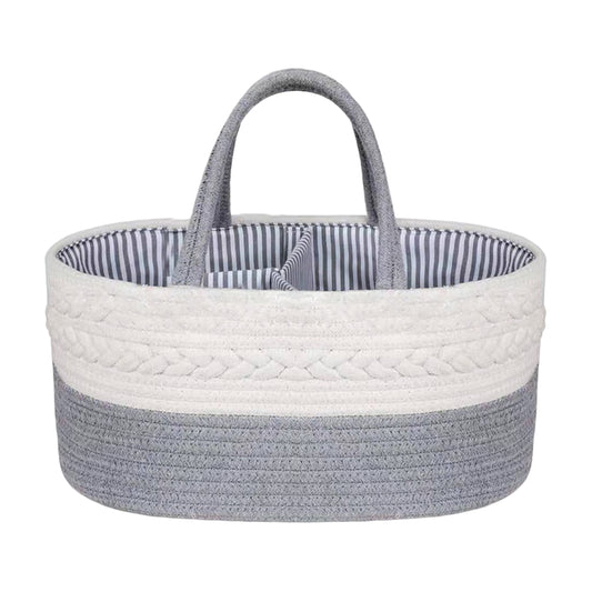 Baby Diaper Caddy Organizer.  Stylish and practical organizer type basket made of 100% cotton, blue and white striped cotton liner with 3 dividers on the inside.  The outside is blue and white with handles.