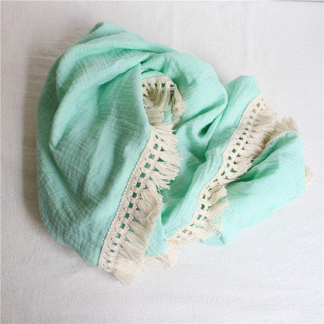 Bamboo + Cotton Muslin Swaddle Blanket with Fringe