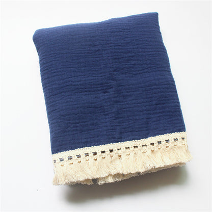 Bamboo and Cotton Muslin Baby Swaddle Blanket.  Very dark blue completed with creamy white fringed edging.  Available in 2 sizes 47"X40" or 31"X25".