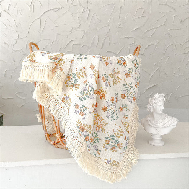 Bamboo + Cotton Muslin Swaddle Blanket with Fringe